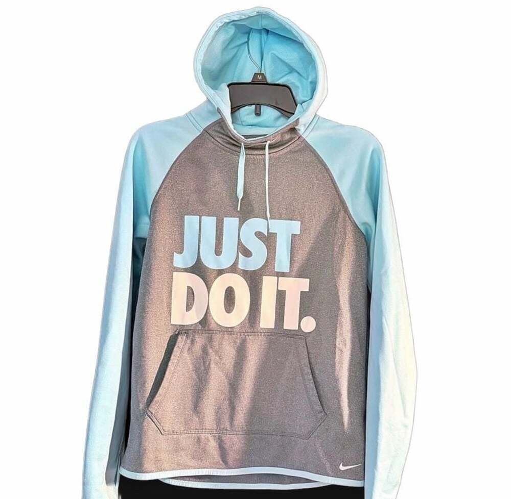 Nike Women's Therma-Fit Just Do It Pullover Hoodie Gray and Turquoise